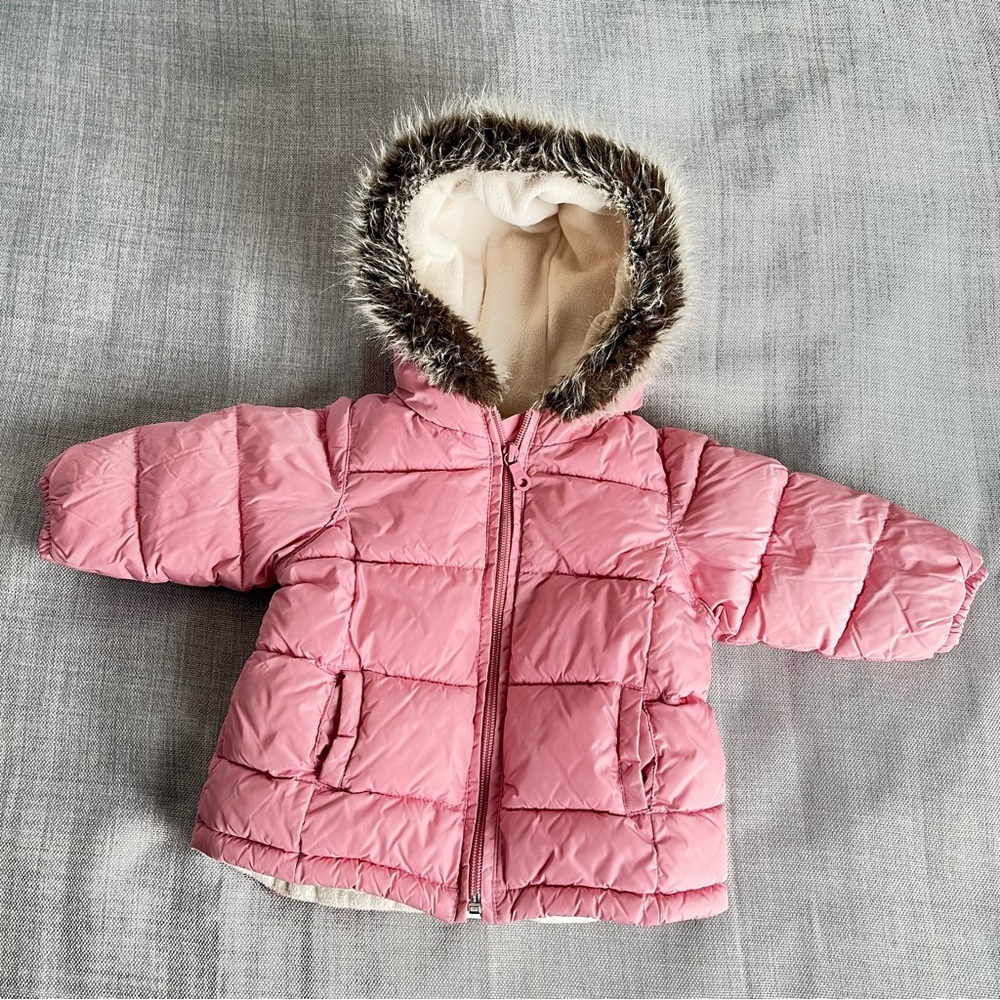 Old Navy Winter Coat Girls 6-12 Months Pink Hooded Puffer Jacket Sherpa Lined